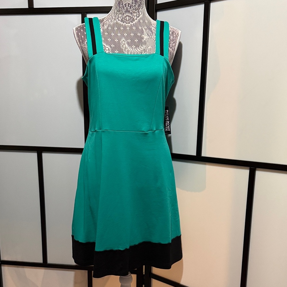 New York & Company Teal Mini Dress with Black Hem and Dual Straps